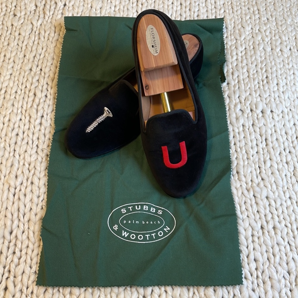 Stubbs & Wootton Black Velvet Slipper “Screw You” Embroidery Sz. 9.5